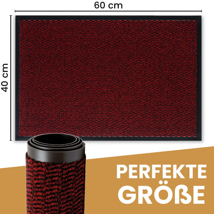 Rote Fußmatte mit Maßen 60 x 40 cm, davor eine aufgerollte Matte, Text „Perfekte Größe“