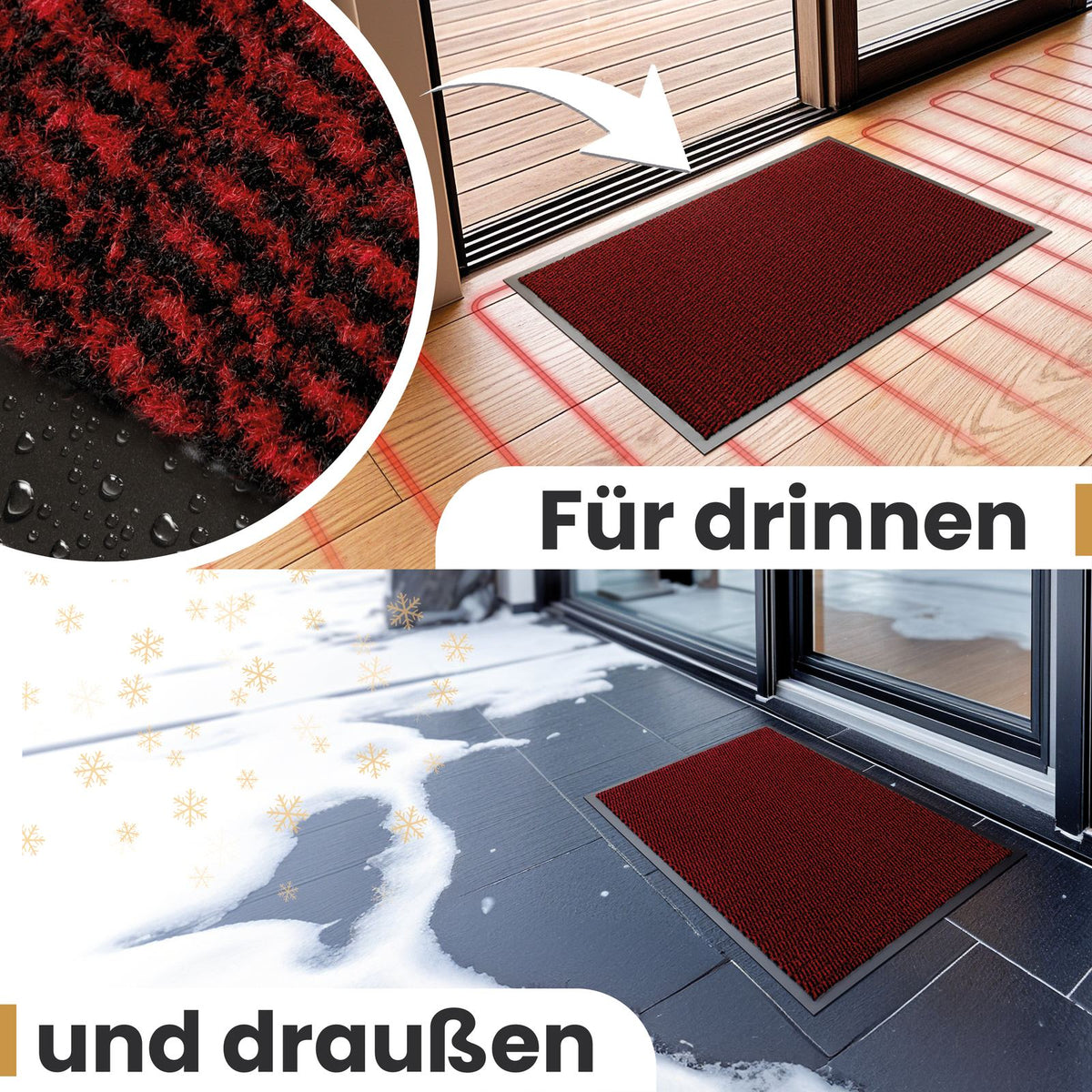 Rote Fußmatte drinnen auf Holzboden mit Fußbodenheizung und draußen auf verschneiten Fliesen, Text „Für drinnen und draußen“