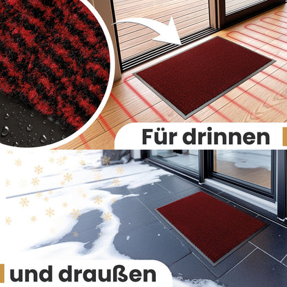Rote Fußmatte drinnen auf Holzboden mit Fußbodenheizung und draußen auf verschneiten Fliesen, Text „Für drinnen und draußen“