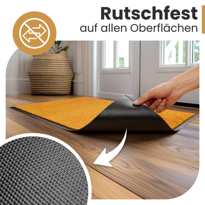 Hand hebt eine gelbe Fußmatte an und zeigt die schwarze Noppenunterseite, Text „Rutschfest auf allen Oberflächen“