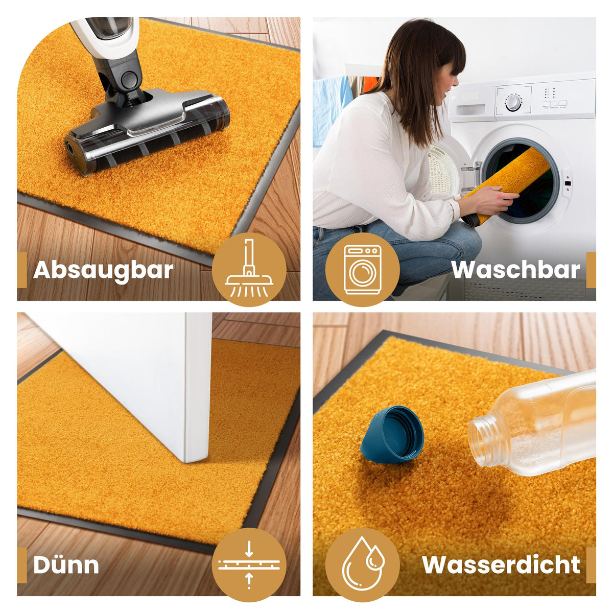 Gelbe Fußmatte in vier Szenen: absaugbar, in der Waschmaschine waschbar, dünn unter einer Tür und wasserdicht