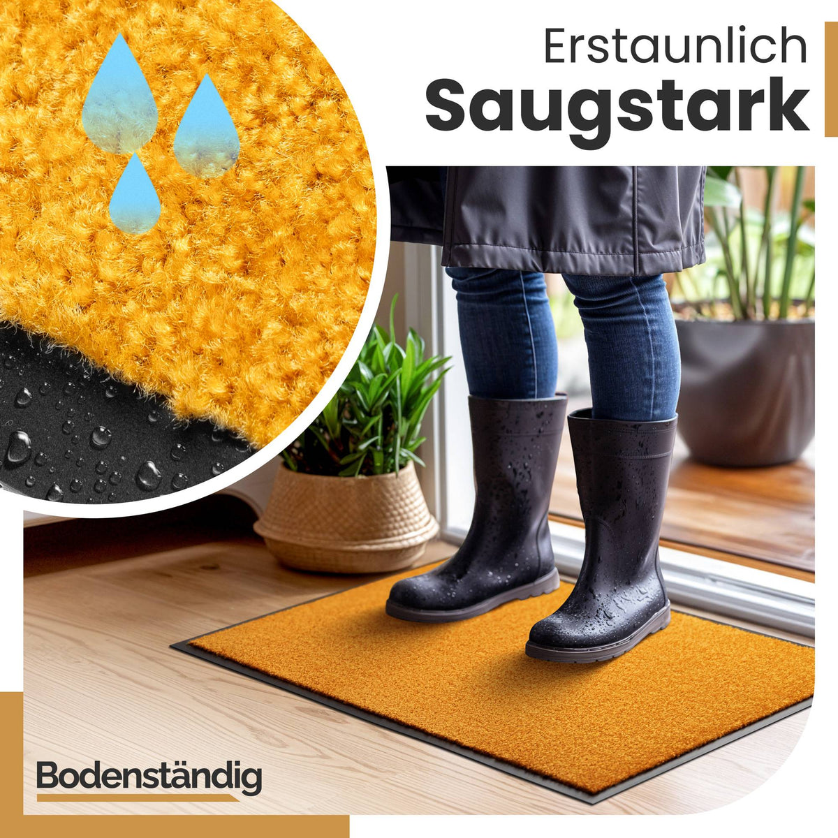 Gelbe Fußmatte von Bodenständig, darauf Person in nassen Gummistiefeln, Text „Erstaunlich saugstark“