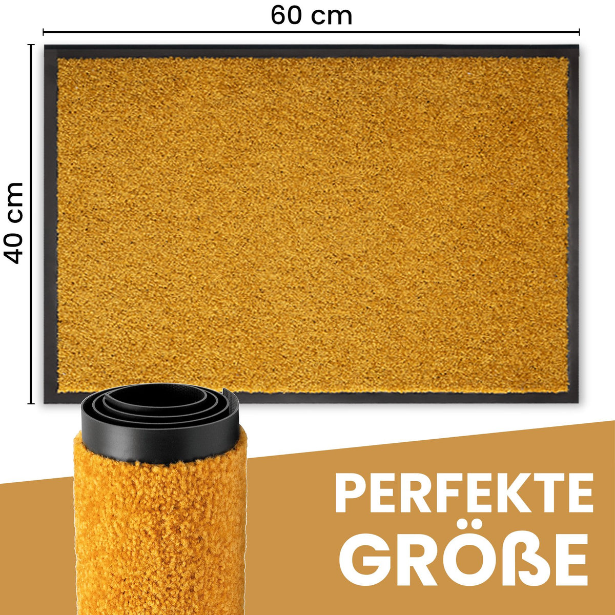 Gelbe Fußmatte mit Maßen 60 x 40 cm, davor eine aufgerollte Matte, Text „Perfekte Größe“