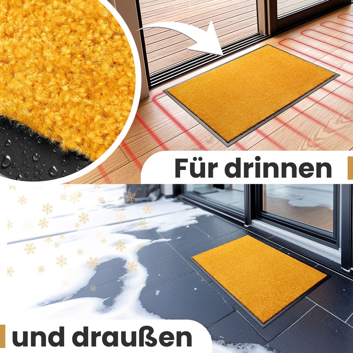 Gelbe Fußmatte in Nahaufnahme, im Haus auf Fußbodenheizung und draußen im Schnee, Text: Für drinnen und draußen