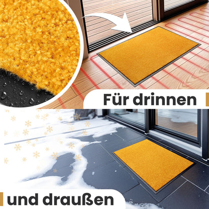 Gelbe Fußmatte in Nahaufnahme, im Haus auf Fußbodenheizung und draußen im Schnee, Text: Für drinnen und draußen