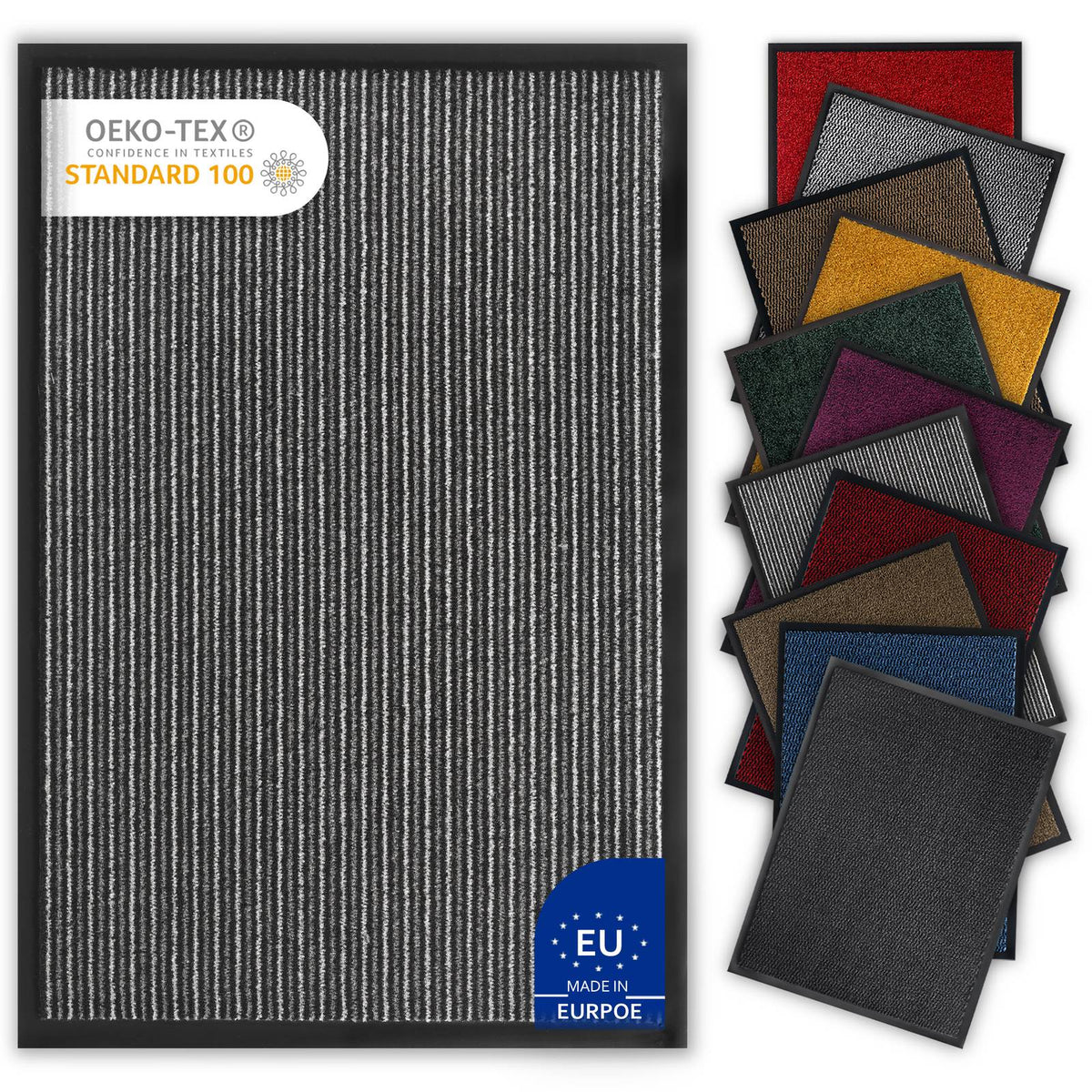 Grau-schwarz gestreifte Fußmatte mit OEKO-TEX-Siegel und EU-Hinweis, daneben Matten in weiteren Farben