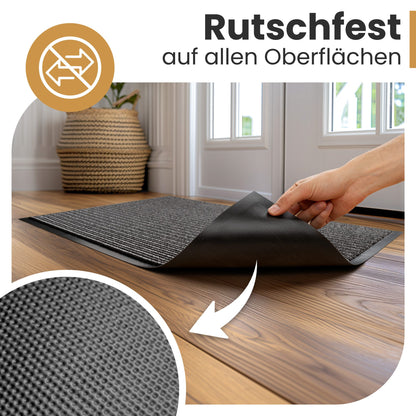 Hand hebt eine anthrazitfarbene Fußmatte an und zeigt die rutschfeste Noppenrückseite, Text: Rutschfest auf allen Oberflächen