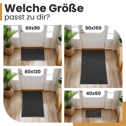 Anthrazitfarbene Fußmatten in 60x90, 90x150, 80x120 und 40x60 cm vor einer Haustür, Text: Welche Größe passt zu dir?