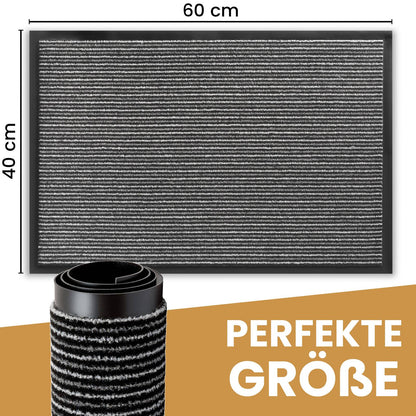 Anthrazitfarbene Fußmatte mit Maßen 60 x 40 cm und aufgerollter Matte, Text: Perfekte Größe