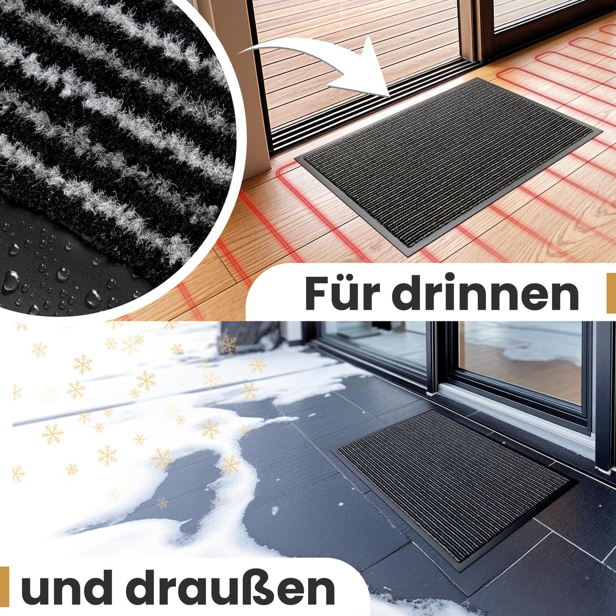 Anthrazitfarbene Fußmatte drinnen auf Holzboden mit Fußbodenheizung und draußen im Schnee, Text: Für drinnen und draußen