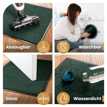 Vier Bilder einer grünen Fußmatte: absaugbar, waschbar in der Waschmaschine, dünn unter der Tür, wasserdicht