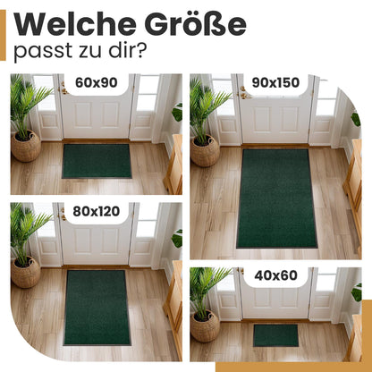 Grüne Fußmatte in den Größen 40x60, 60x90, 80x120 und 90x150 cm vor einer Haustür, Text: Welche Größe passt zu dir?