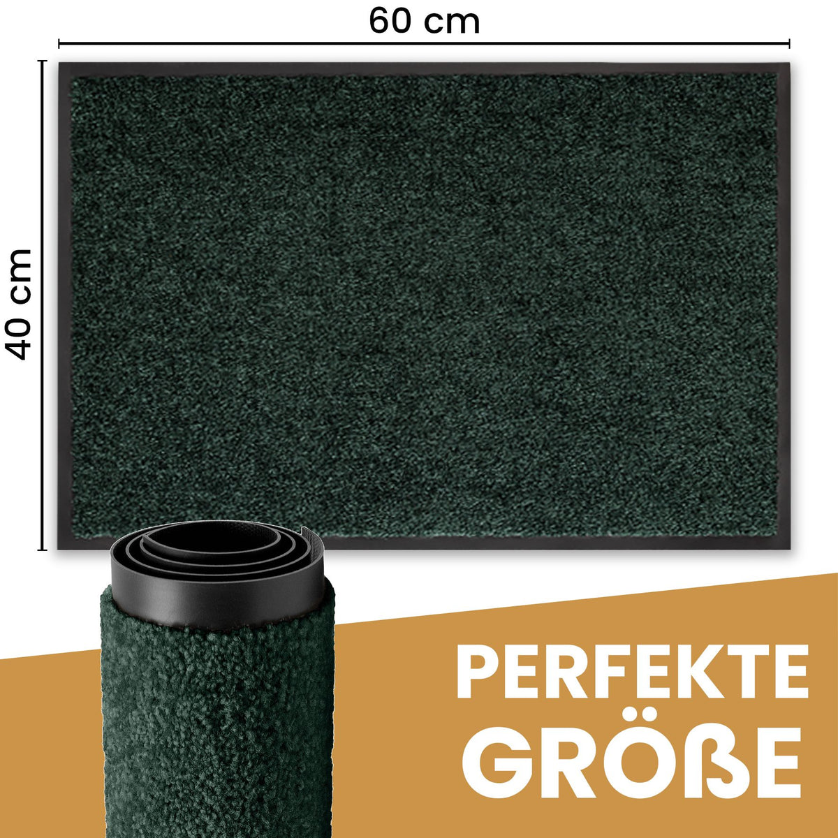Grüne Fußmatte in 40 x 60 cm mit Maßangaben und einer aufgerollten Matte, Text: Perfekte Größe