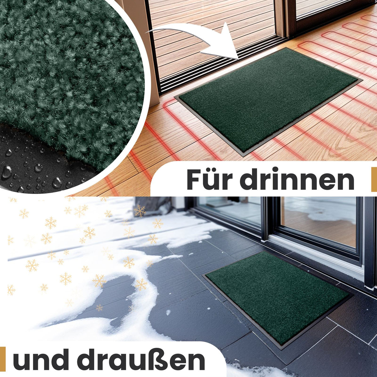 Grüne Fußmatte drinnen auf Fußbodenheizung und draußen im Schnee vor einer Glastür, Text: Für drinnen und draußen