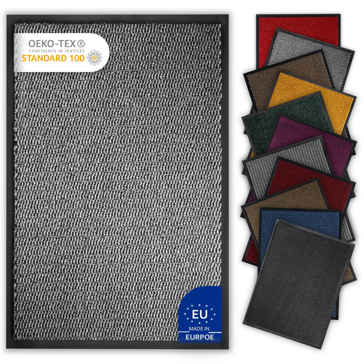 Graue Schmutzfangmatte mit OEKO-TEX-Siegel, daneben viele Fußmatten in verschiedenen Farben, Made in EU