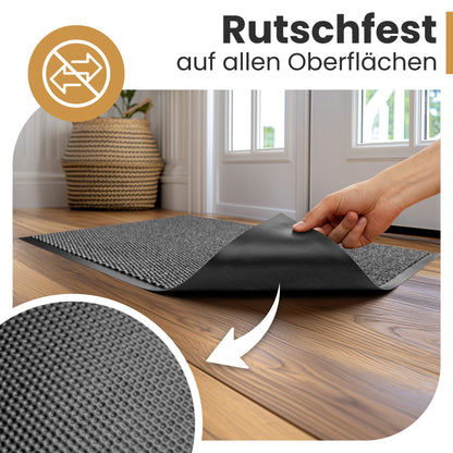 Graue Fußmatte wird angehoben und zeigt die genoppte Rückseite, Text: Rutschfest auf allen Oberflächen