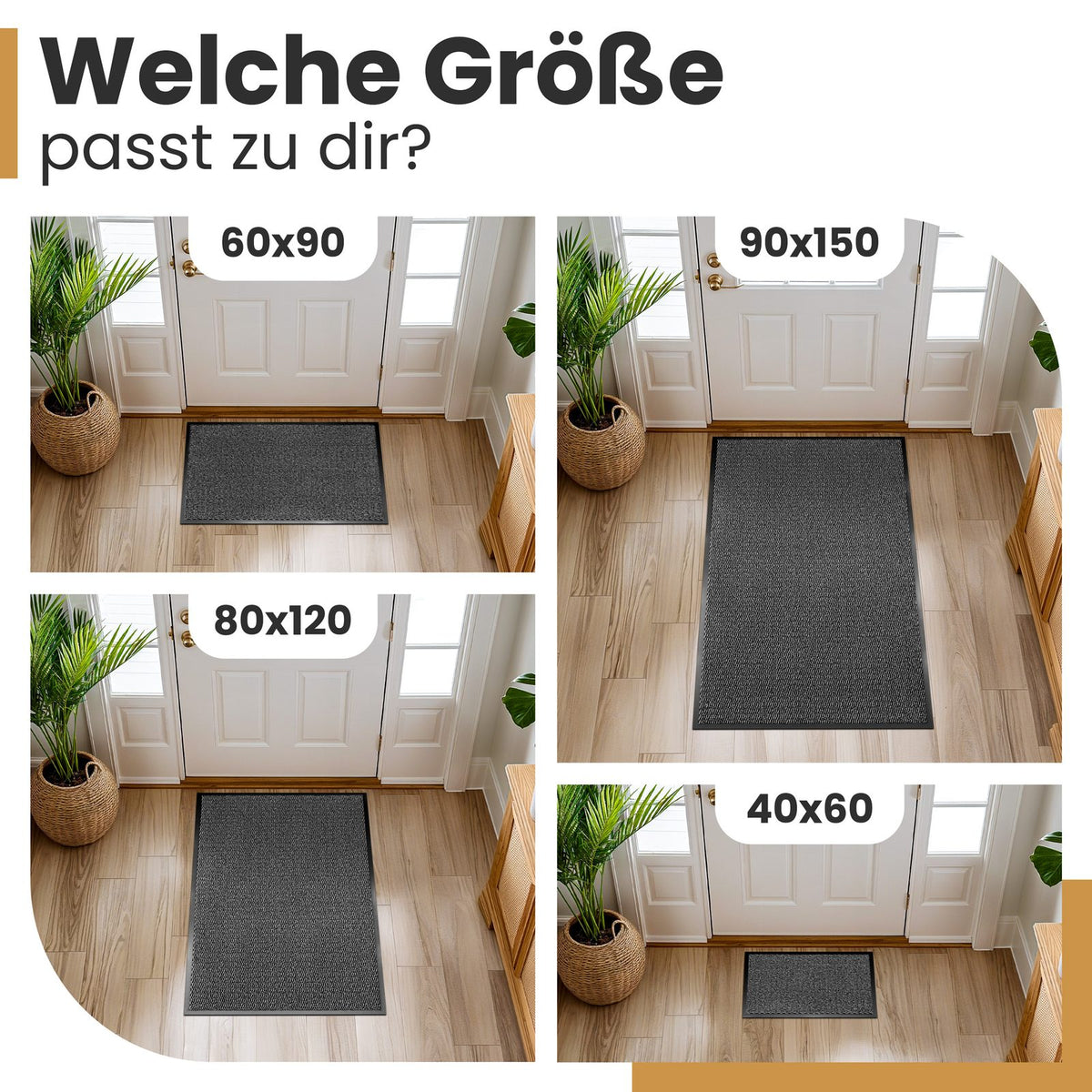 Graue Fußmatte vor einer Haustür in vier Größen: 60x90, 90x150, 80x120 und 40x60 cm, dazu die Frage nach der passenden Größe