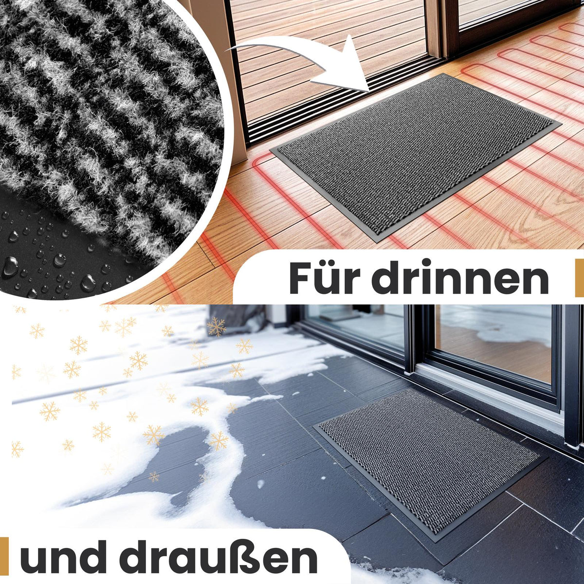 Graue Fußmatte für drinnen auf Holzboden mit Fußbodenheizung und für draußen auf verschneiten Fliesen vor einer Terrassentür
