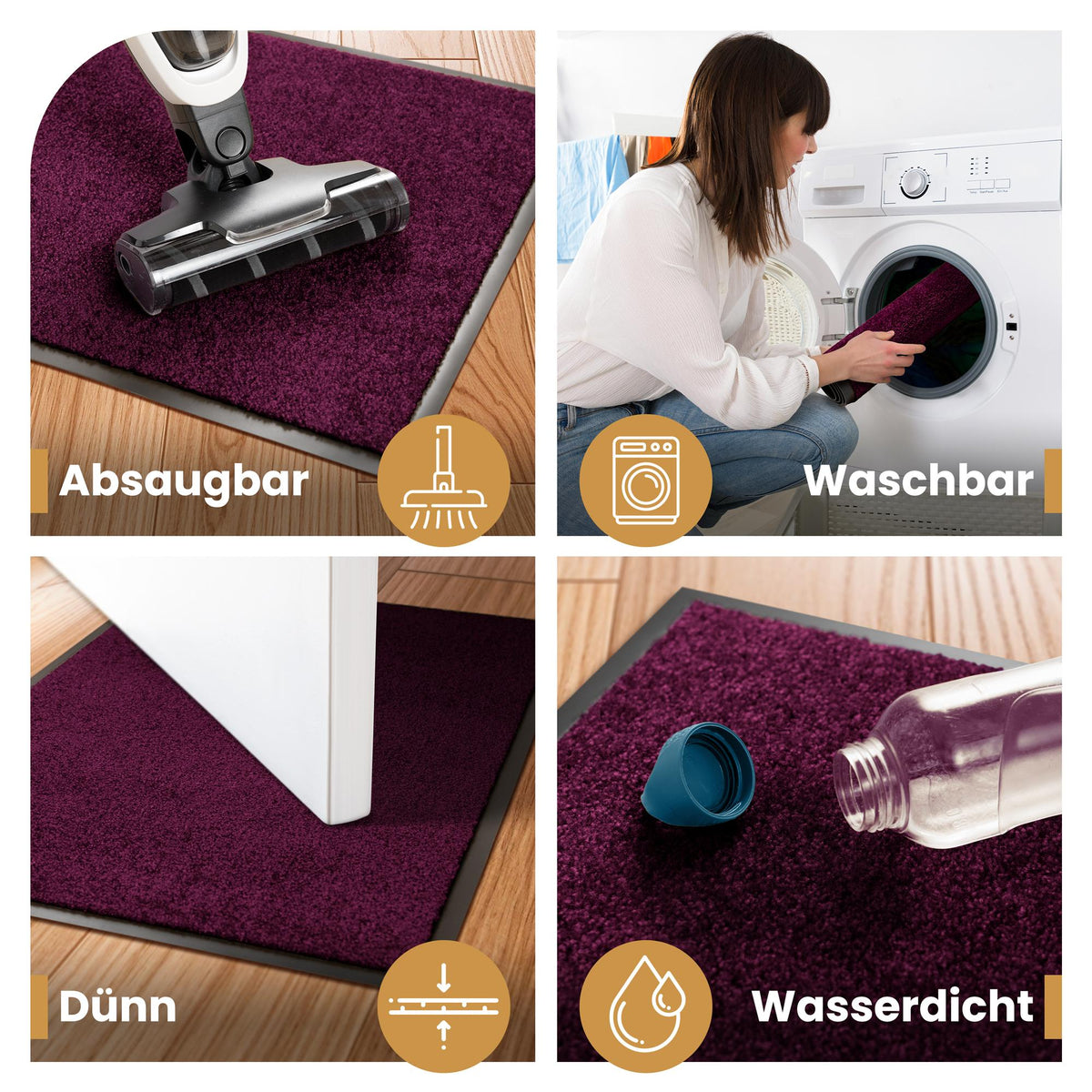 Lila Fußmatte in vier Szenen: absaugbar, waschbar in der Waschmaschine, dünn unter einer Tür und wasserdicht mit Flasche