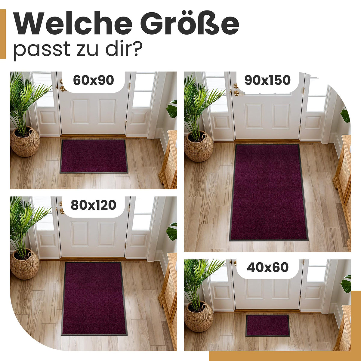 Lila Fußmatte vor einer Haustür in vier Größen: 60x90, 90x150, 80x120 und 40x60 cm, dazu die Frage nach der passenden Größe