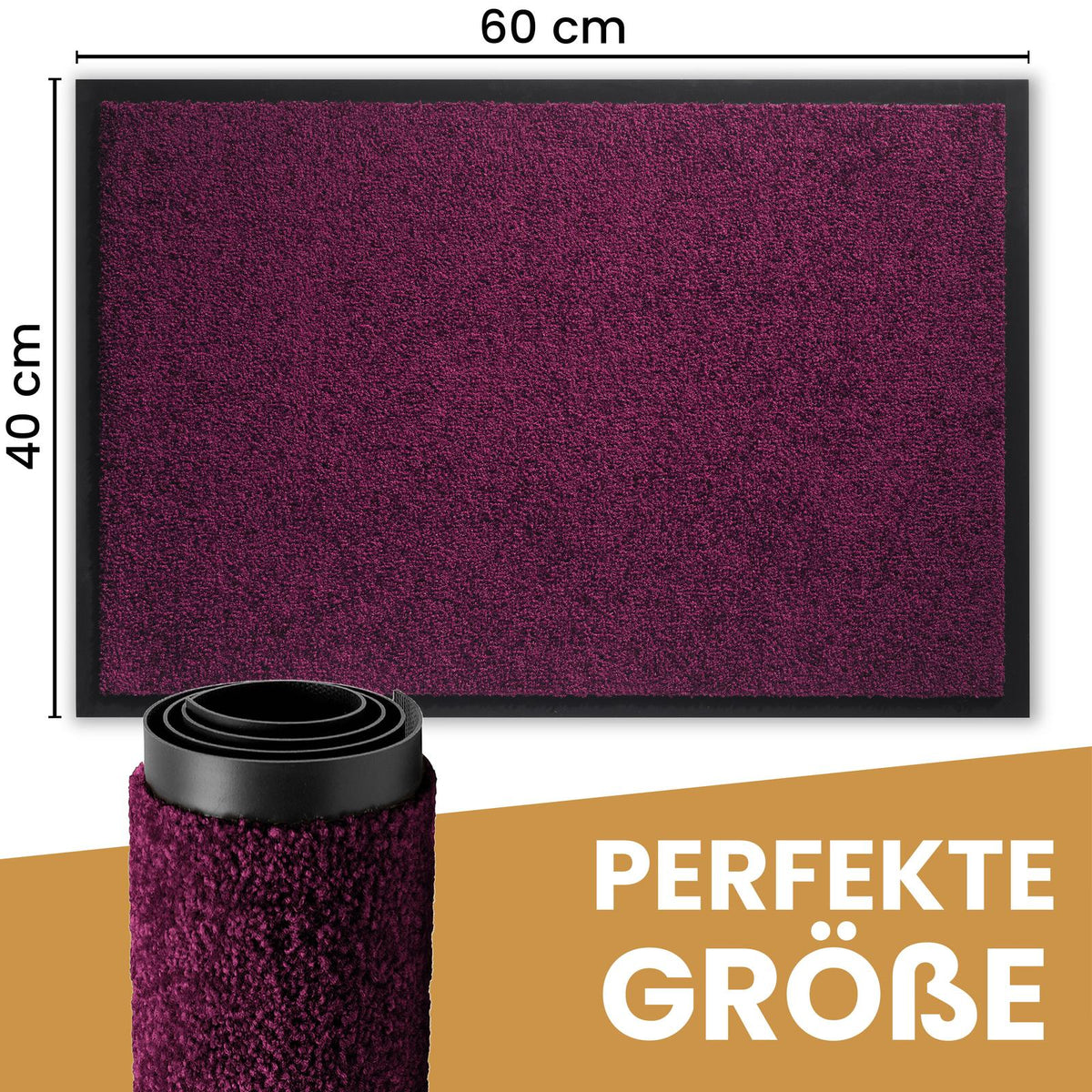 Lila Fußmatte mit Maßen 40 x 60 cm und aufgerollte Matte, Text „Perfekte Größe“