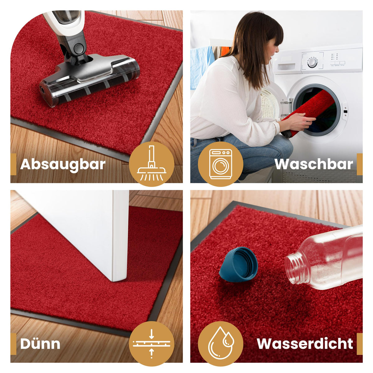 Rote Fußmatte: absaugbar mit Staubsauger, waschbar in der Waschmaschine, dünn unter einer Tür und wasserdicht mit Flasche