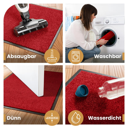Rote Fußmatte: absaugbar mit Staubsauger, waschbar in der Waschmaschine, dünn unter einer Tür und wasserdicht mit Flasche