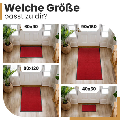 Rote Fußmatte in vier Größen vor einer Haustür: 60x90, 90x150, 80x120 und 40x60, Text „Welche Größe passt zu dir?“