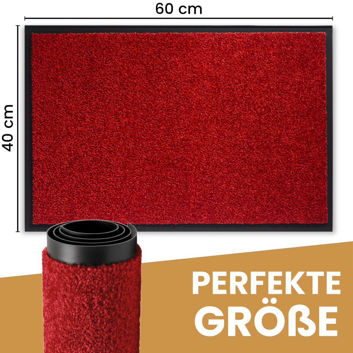 Rote Fußmatte mit Maßen 40 x 60 cm und aufgerollte Matte, Text „Perfekte Größe“