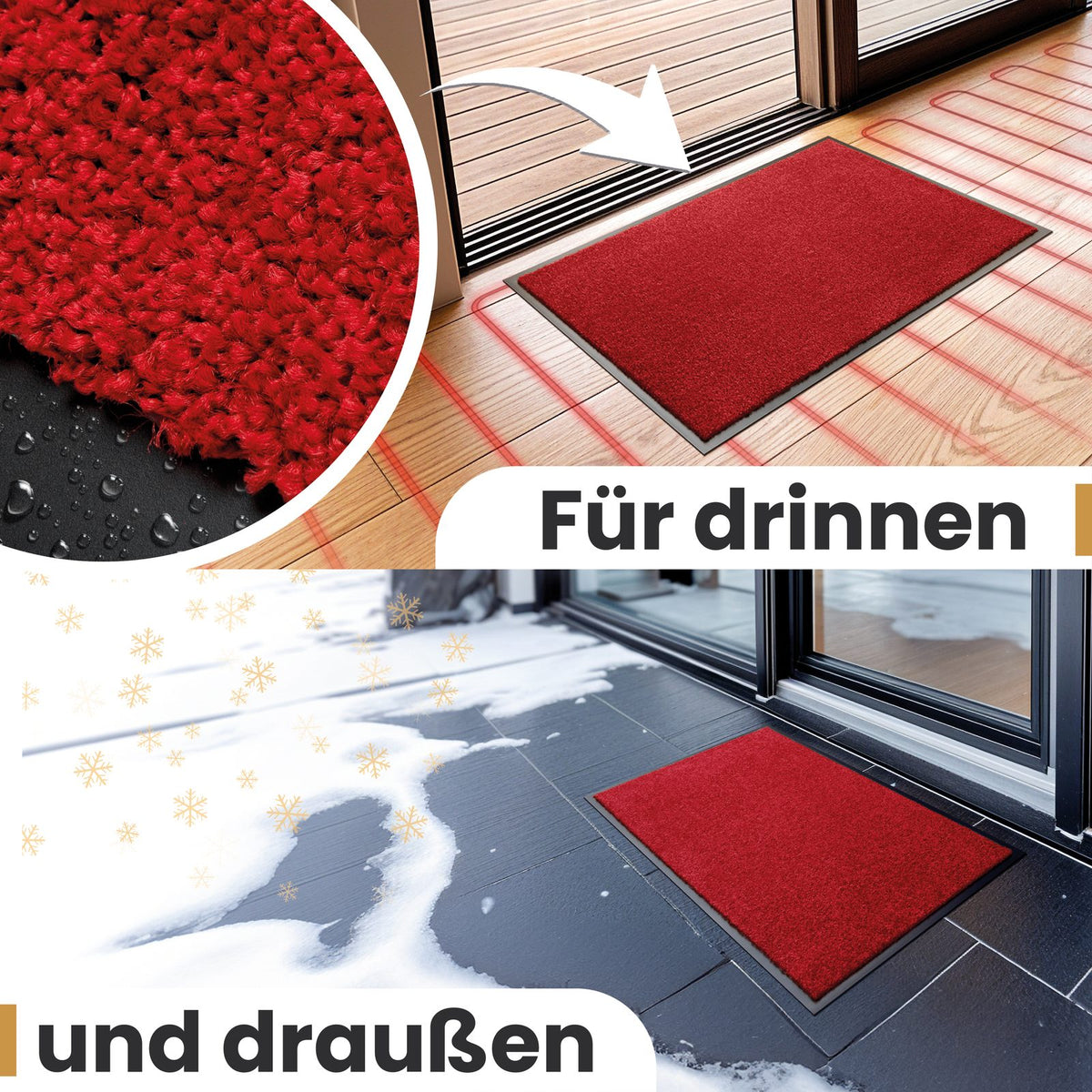 Rote Fußmatte als Nahaufnahme, im Innenbereich auf Parkett und draußen im Schnee, Text: Für drinnen und draußen