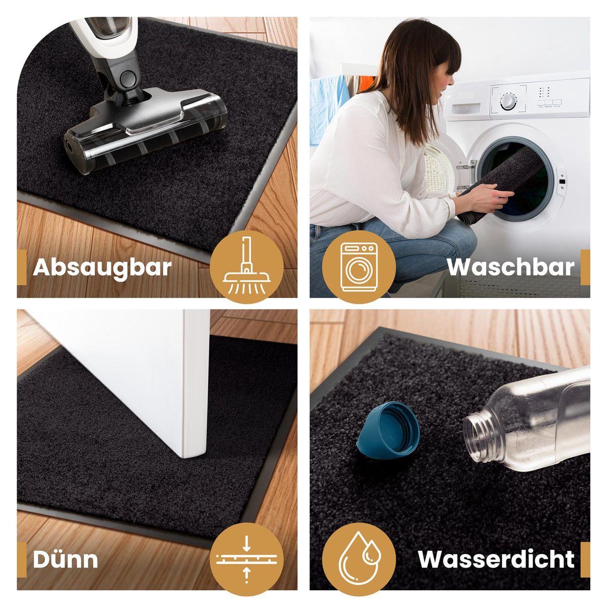 Schwarze Fußmatte in vier Szenen: absaugbar, waschbar in der Maschine, dünn unter einer Tür und wasserdicht