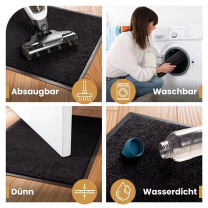 Schwarze Fußmatte in vier Szenen: absaugbar, waschbar in der Maschine, dünn unter einer Tür und wasserdicht