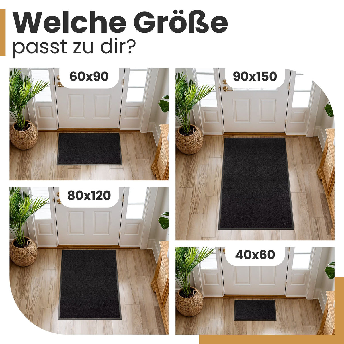 Schwarze Fußmatten in vier Größen vor einer Haustür im Vergleich, Text: Welche Größe passt zu dir?