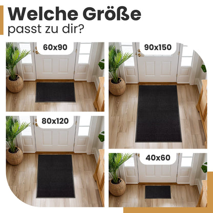 Schwarze Fußmatten in vier Größen vor einer Haustür im Vergleich, Text: Welche Größe passt zu dir?