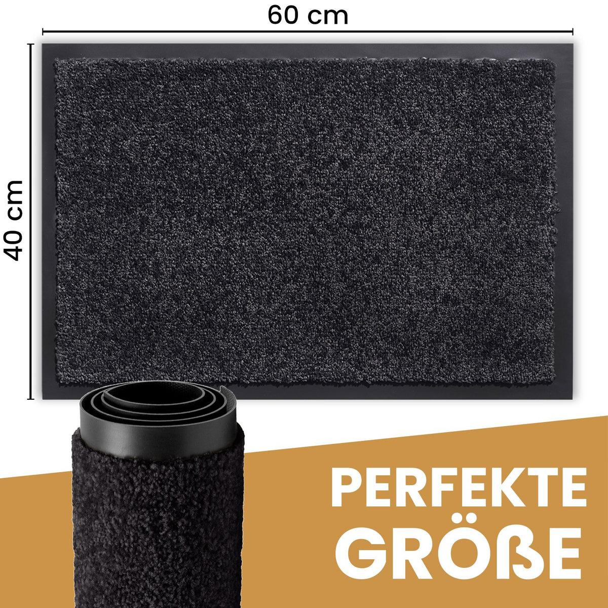 Anthrazitfarbene Fußmatte mit Maßen 40 x 60 cm und eine eingerollte Matte, Text: Perfekte Größe