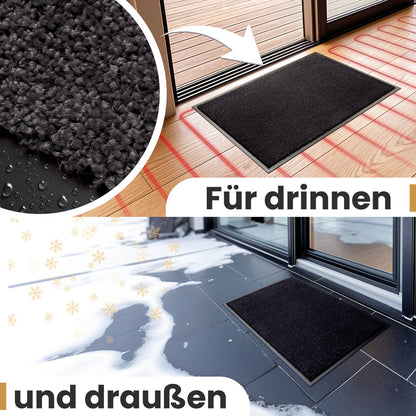Schwarze Fußmatte im Innenbereich auf Parkett und draußen im Schnee, Text: Für drinnen und draußen