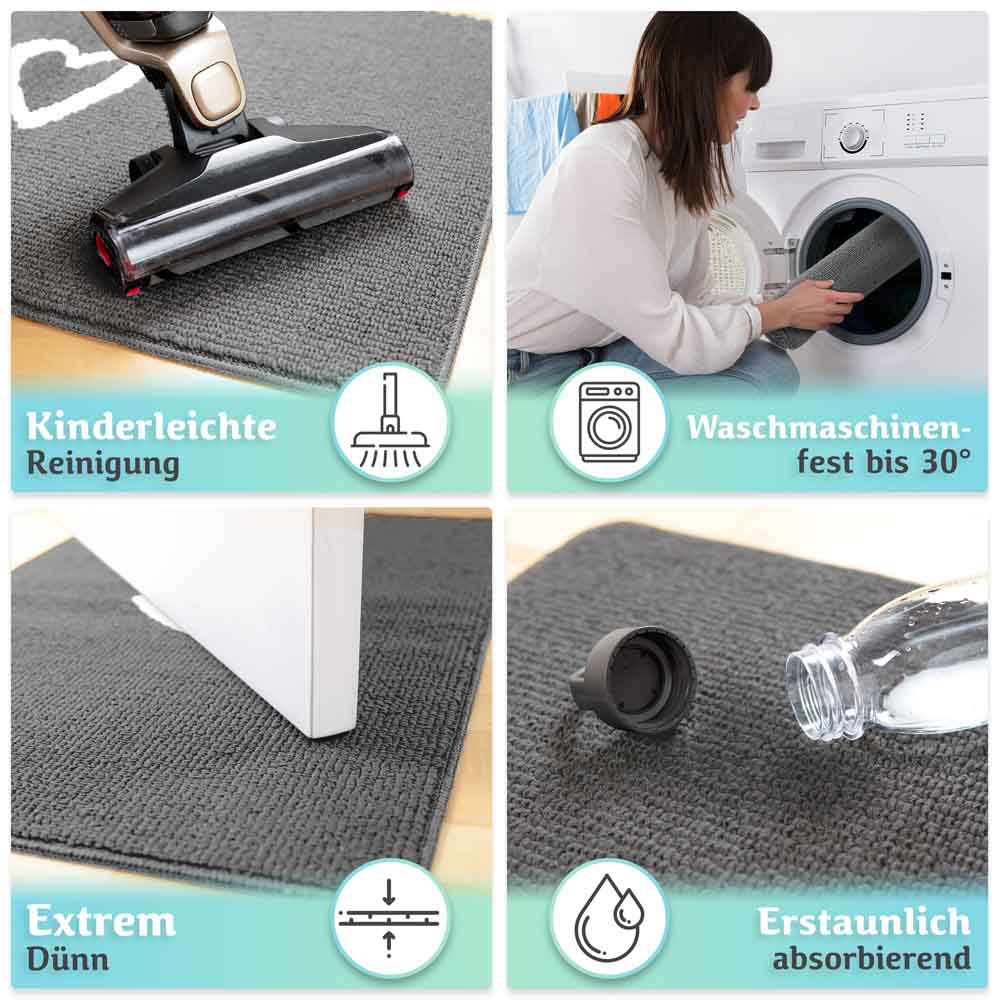 graue fussmatte fuer innen zeigt leichte reinigung staubsauger waschmaschinenfestigkeit duenner aufbau und starke wasseraufnahme in vier bildern