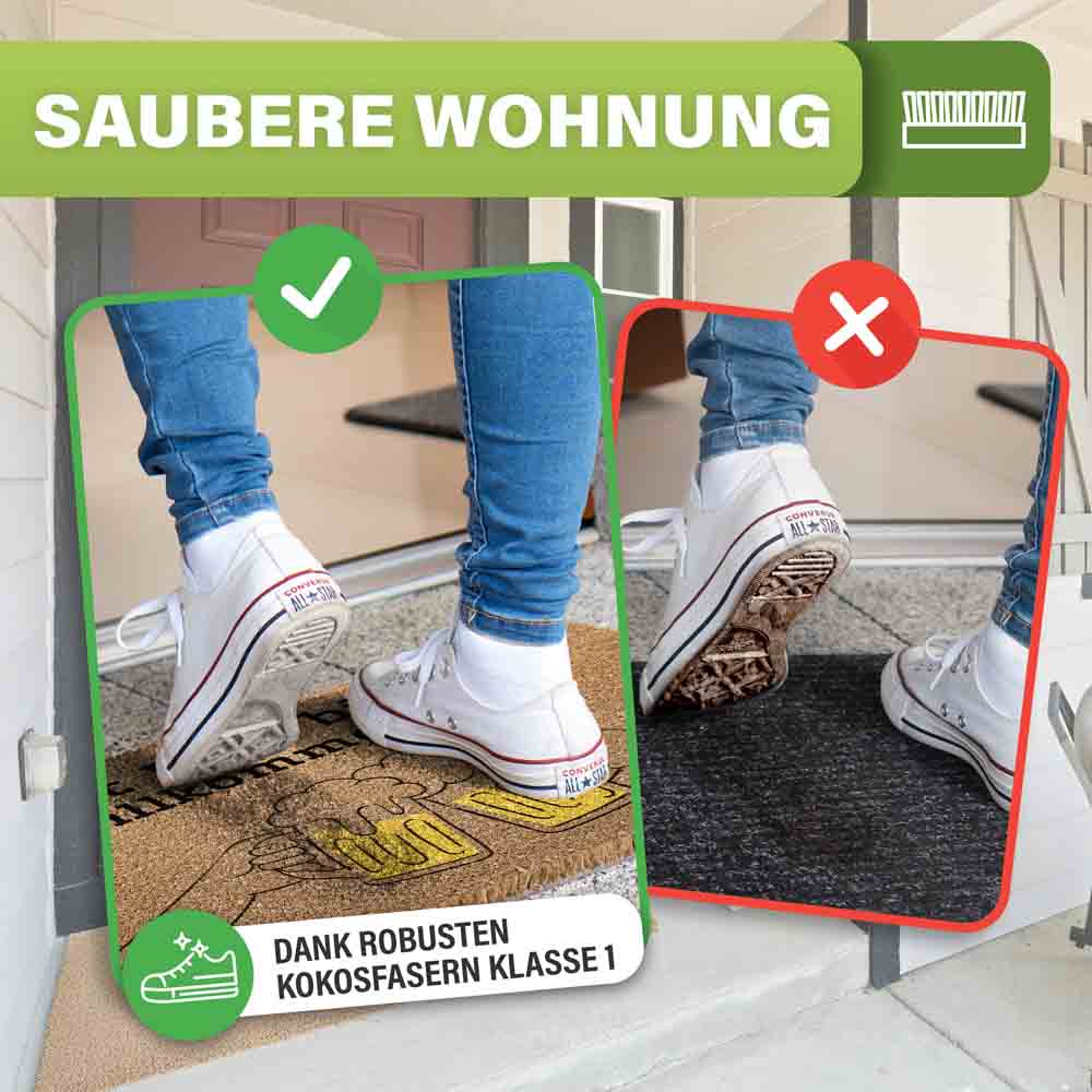 Vergleich zwischen kokos fussmatte und normaler matte mit aufdruck mit bier bist du willkommen hier