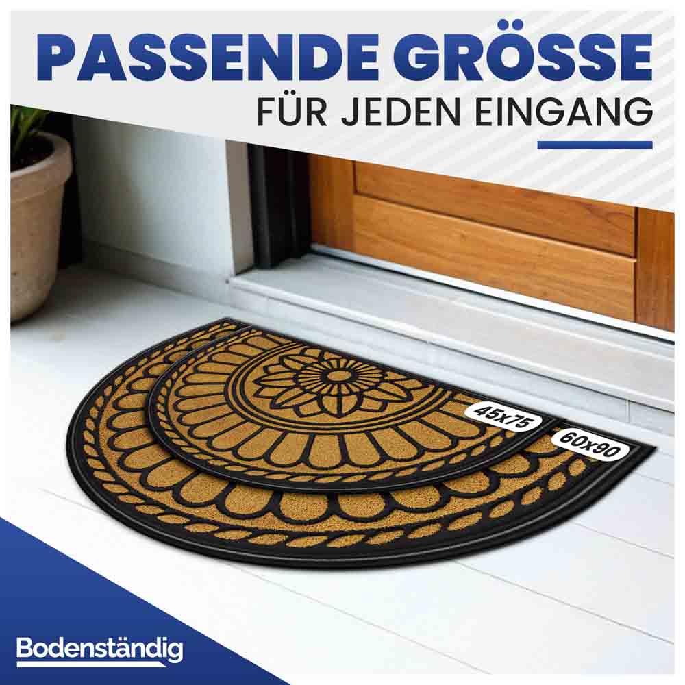 Halbrunde beige Eingangsmatte mit Blumenmuster, erhältlich in zwei gängigen Größen (45x75 und 60x90).