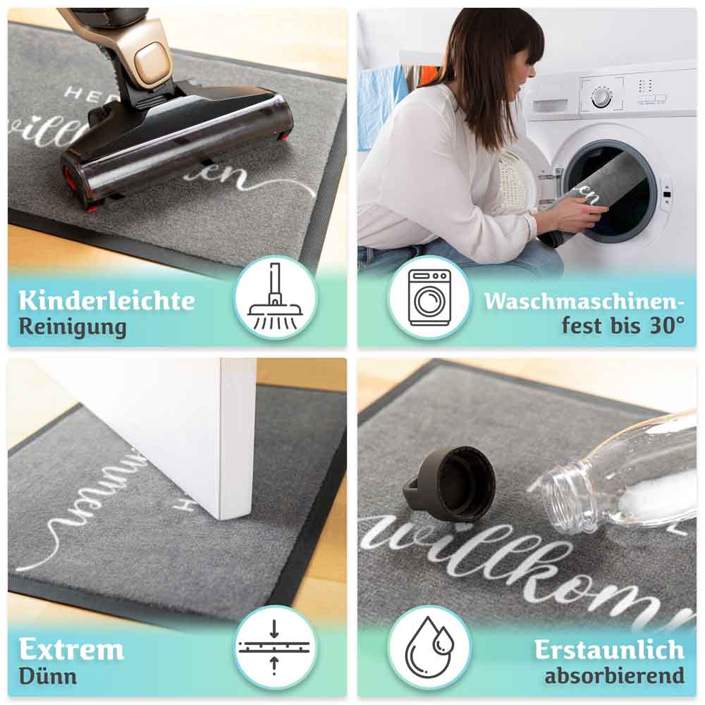 graue fussmatte mit herzlich willkommen schriftzug staubsauger reinigung waschmaschinengeeignet duenn rutschfest und stark absorbierend