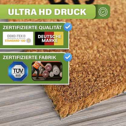 Kokos fussmatte mit ultra hd druck gezeigt, zertifizierte qualitaet nach oeko tex und deutsche marke sowie tuev gepruefter fabrikproduktion