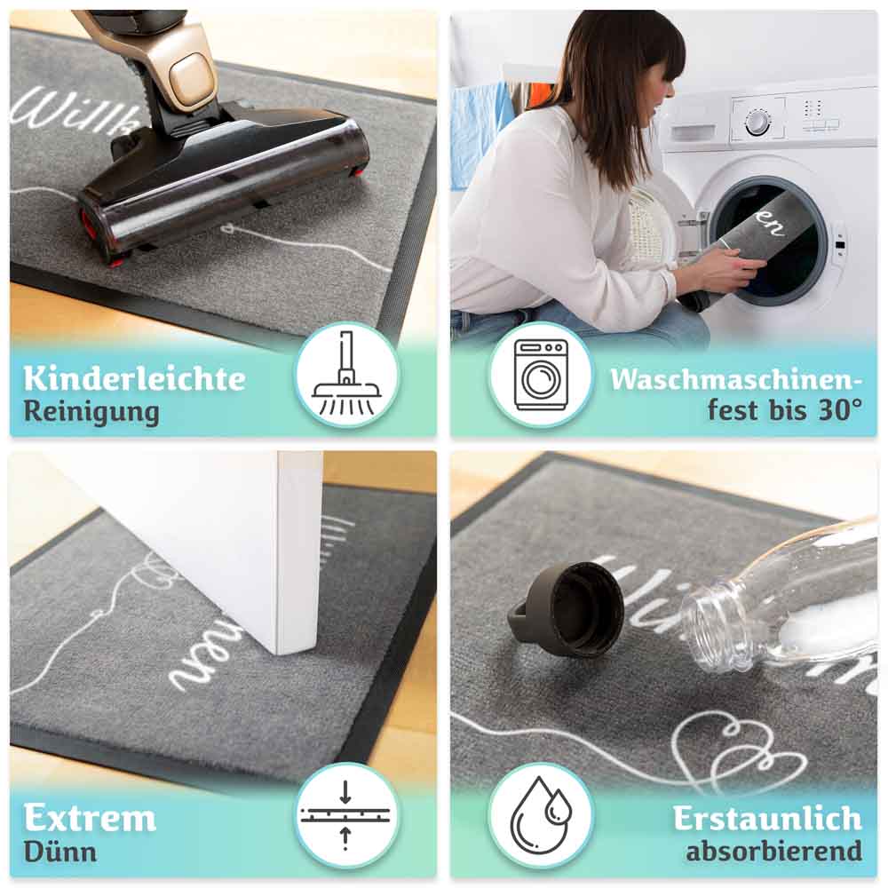 graue willkommen fussmatte mit staubsauger reinigung waschmaschinengeeignet duenn rutschfest und stark absorbierend fuer den alltag
