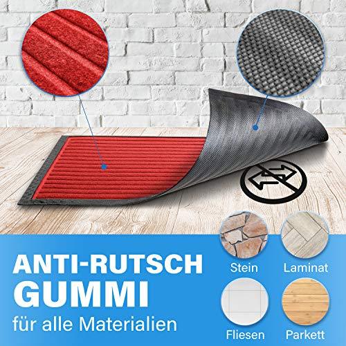 Rote Fussmatte mit Anti Rutsch Gummi und strukturierter Oberflaeche, geeignet fuer Stein, Laminat, Fliesen und Parkett.
