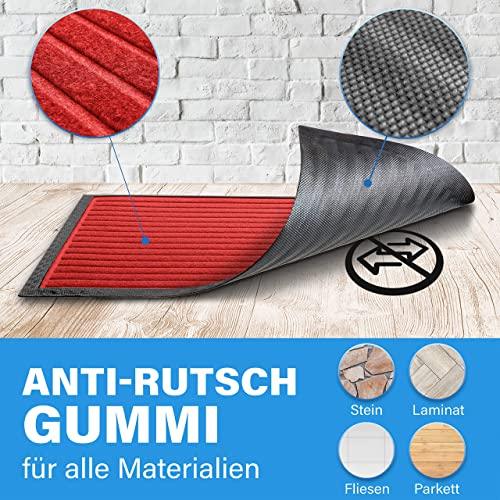 Rote Fussmatte mit Anti Rutsch Gummi und strukturierter Oberflaeche, geeignet fuer Stein, Laminat, Fliesen und Parkett.
