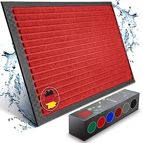 Rote Fussmatte mit robustem Rahmen und wasserabweisender Oberfläche, dargestellt mit Farbauswahlbox.
