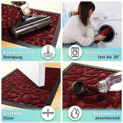 Die rote Fußmatte ist leicht zu reinigen, waschmaschinenfest bis 30 Grad, extrem dünn und nimmt Flüssigkeiten zuverlässig auf.