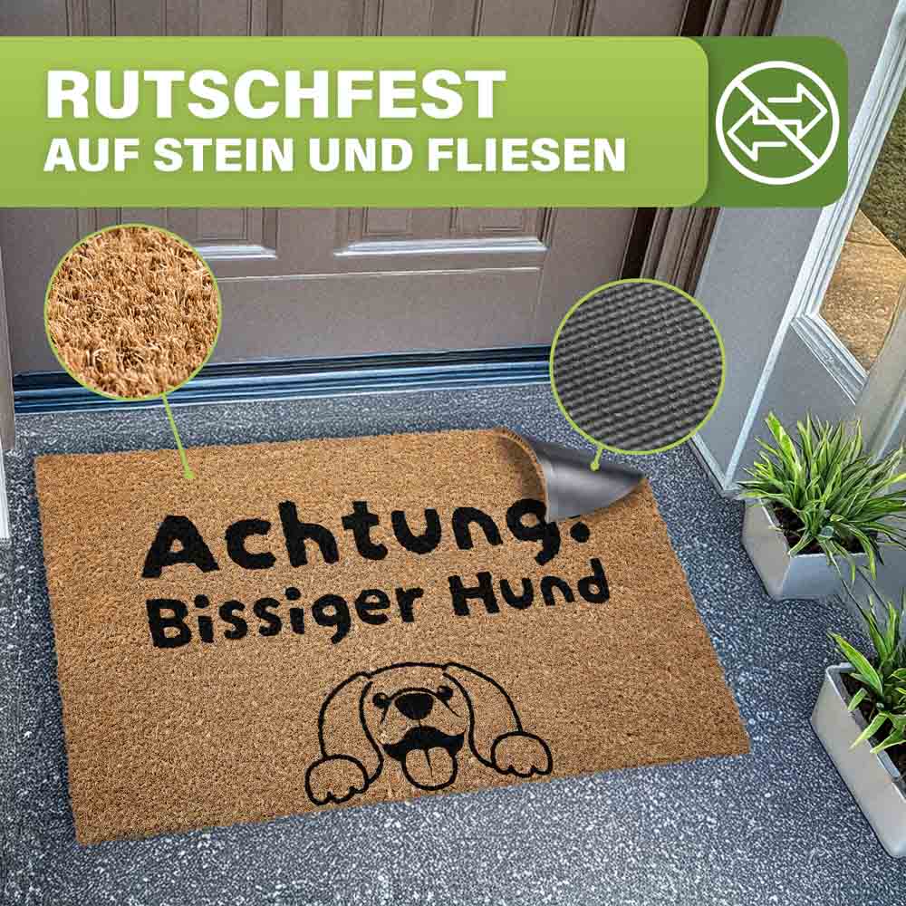 Kokos fussmatte mit aufdruck Achtung bissiger Hund und rutschfester rueckseite, ideal fuer stein und fliesen im eingangsbereich