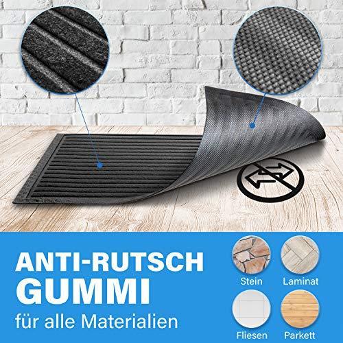 Schwarze Fussmatte mit Anti Rutsch Gummi und strukturierter Oberflaeche, geeignet fuer Stein, Laminat, Fliesen und Parkett.
