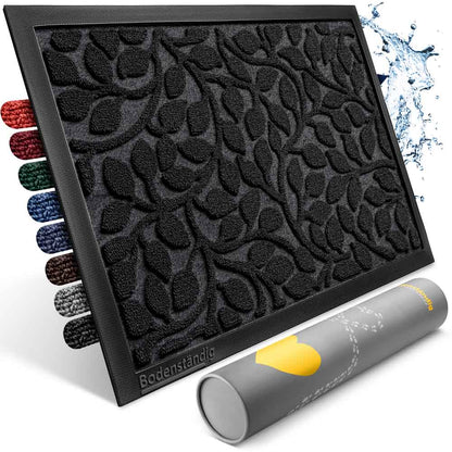 schwarze rutschfeste fussmatte fuer innen mit blattmuster und gummirand von bodenstaendig in mehreren farben sowie wasserabweisender eigenschaft