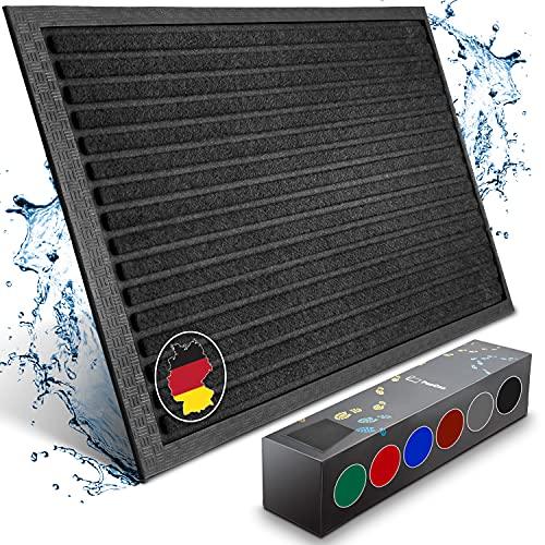 Schwarze Fussmatte mit robustem Rahmen und wasserabweisender Oberfläche, dargestellt mit Farbauswahlbox.